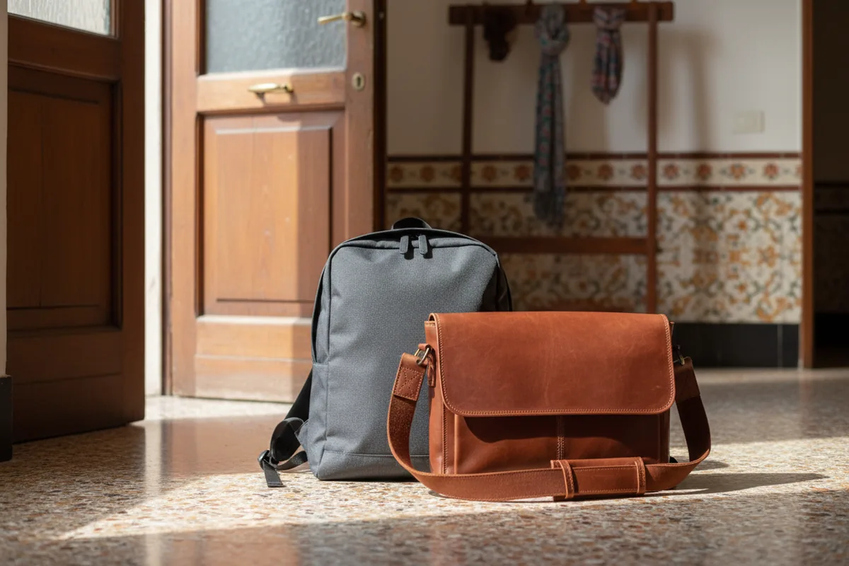 Zaino porta PC appoggiato su una panchina in una stazione ferroviaria