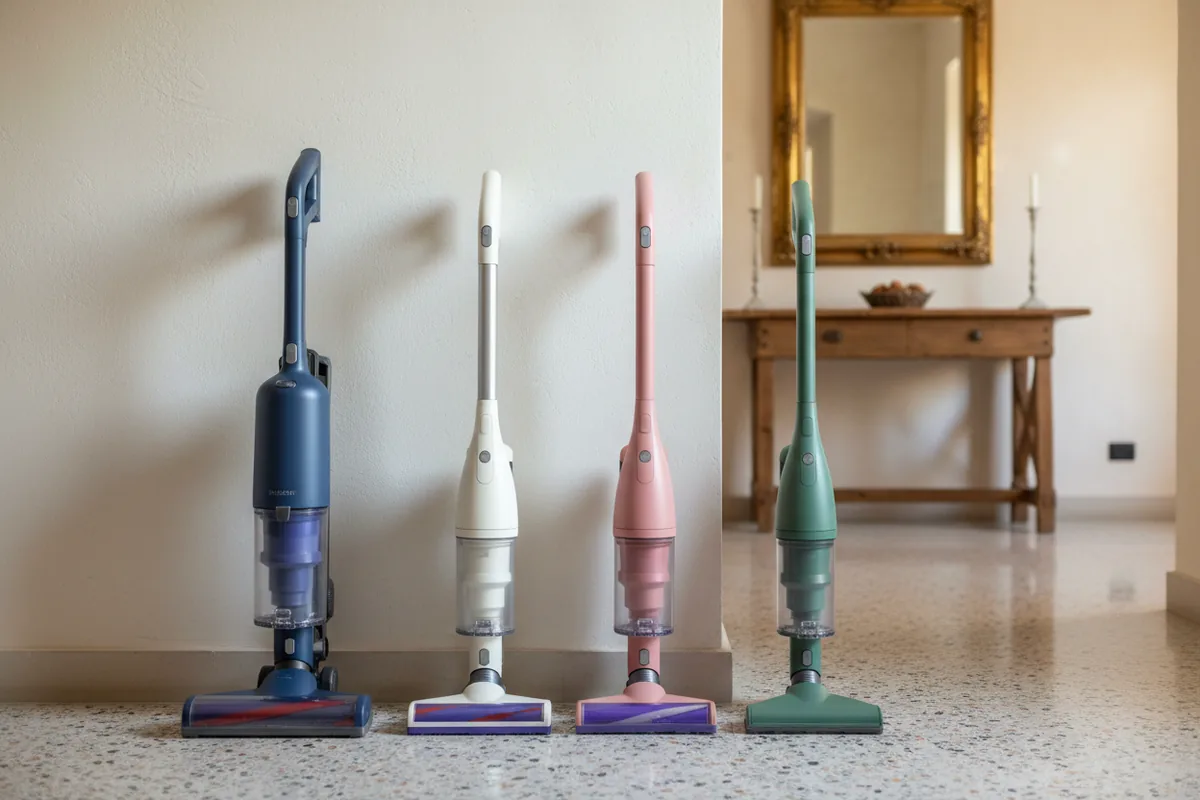 Dieci scope elettriche senza fili di marche diverse allineate su un pavimento di casa