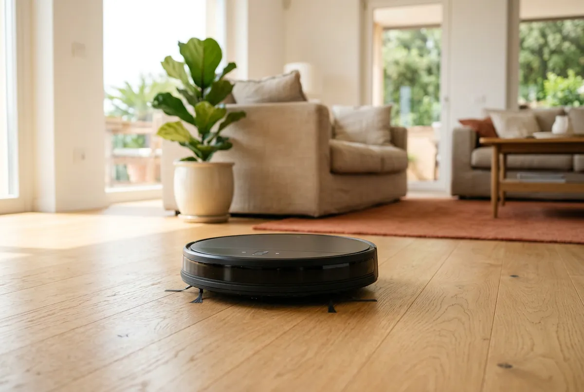 Robot aspirapolvere al lavoro su parquet in un soggiorno (foto illustrativa)