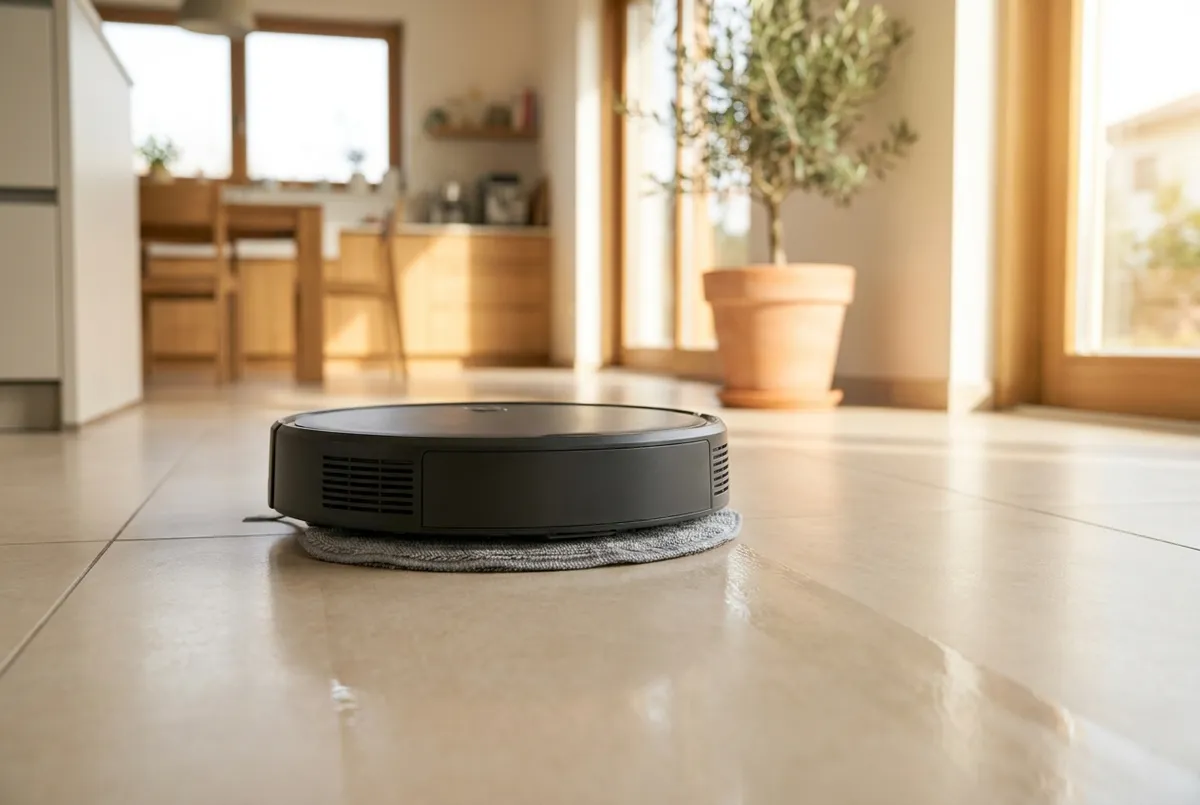 Robot aspirapolvere con panno lavapavimenti su piastrelle (foto illustrativa)