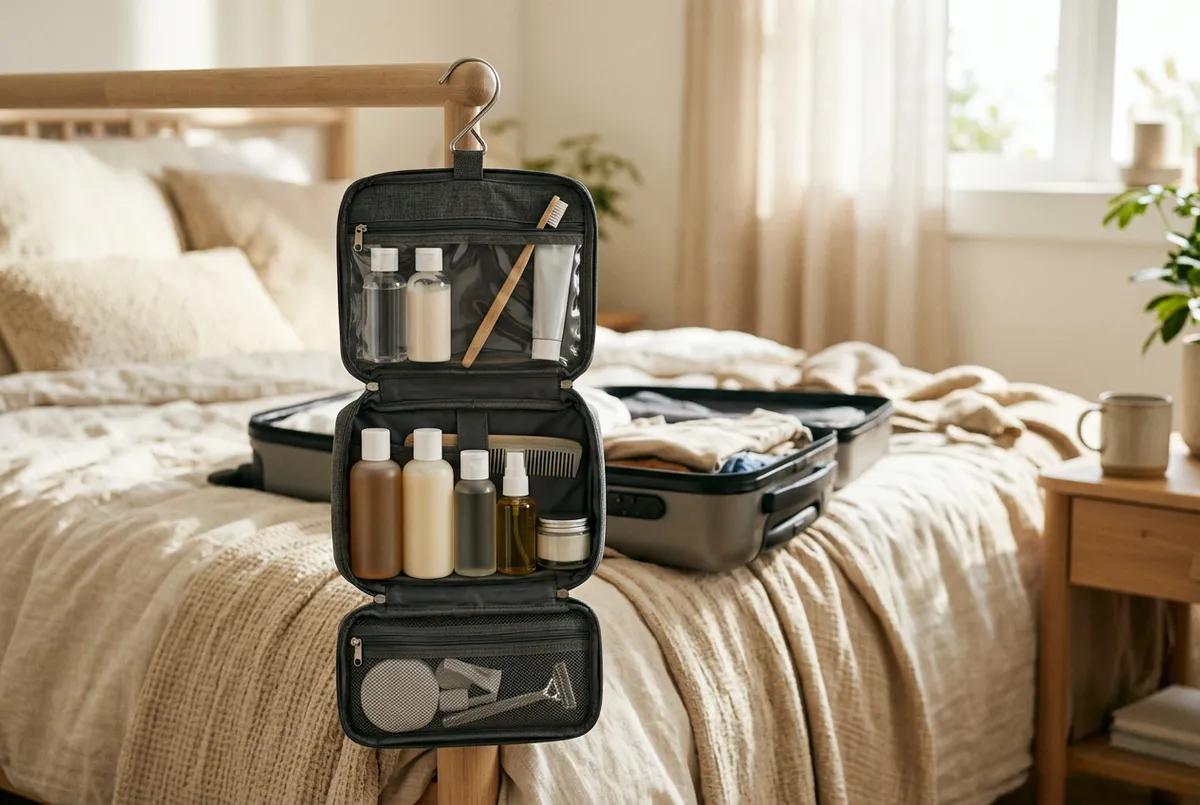 Illustrazione di un beauty case da viaggio appendibile (foto illustrativa)