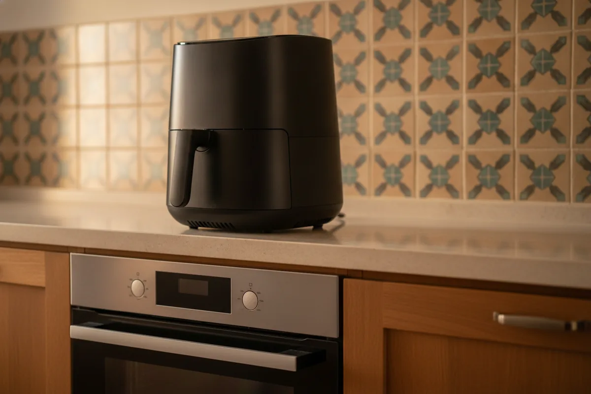 Friggitrice ad aria sul piano di una cucina italiana, con il forno incassato sotto
