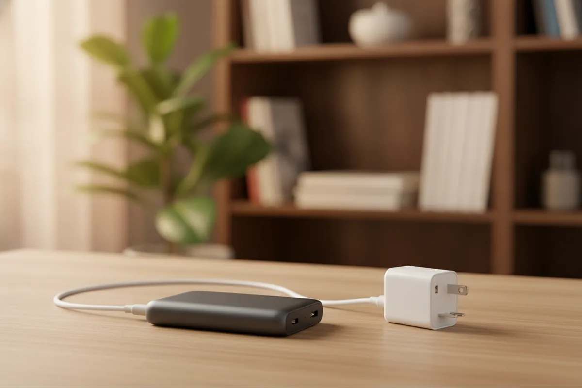 Power bank e caricatore da muro affiancati su un tavolo, pronti per essere messi in borsa