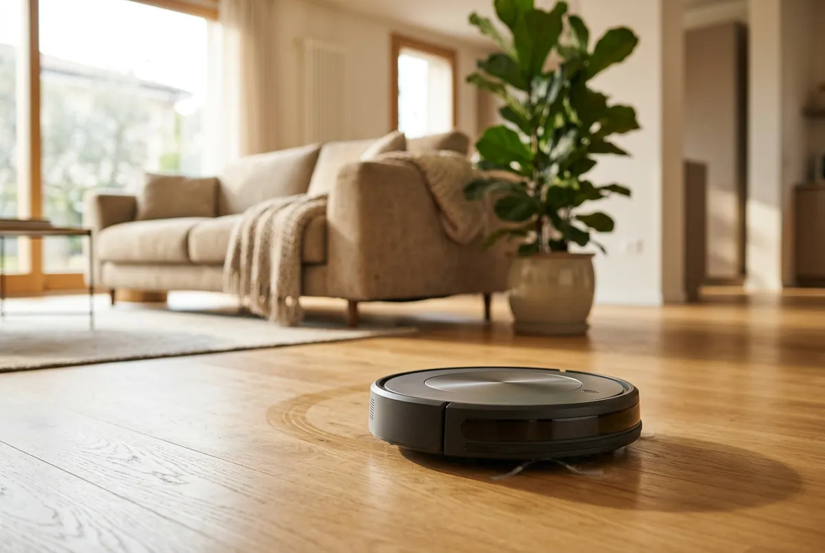 Robot aspirapolvere al lavoro sul parquet di un soggiorno luminoso