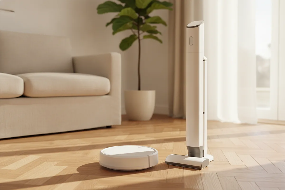 Robot aspirapolvere e scopa elettrica senza fili affiancati sul parquet di un soggiorno