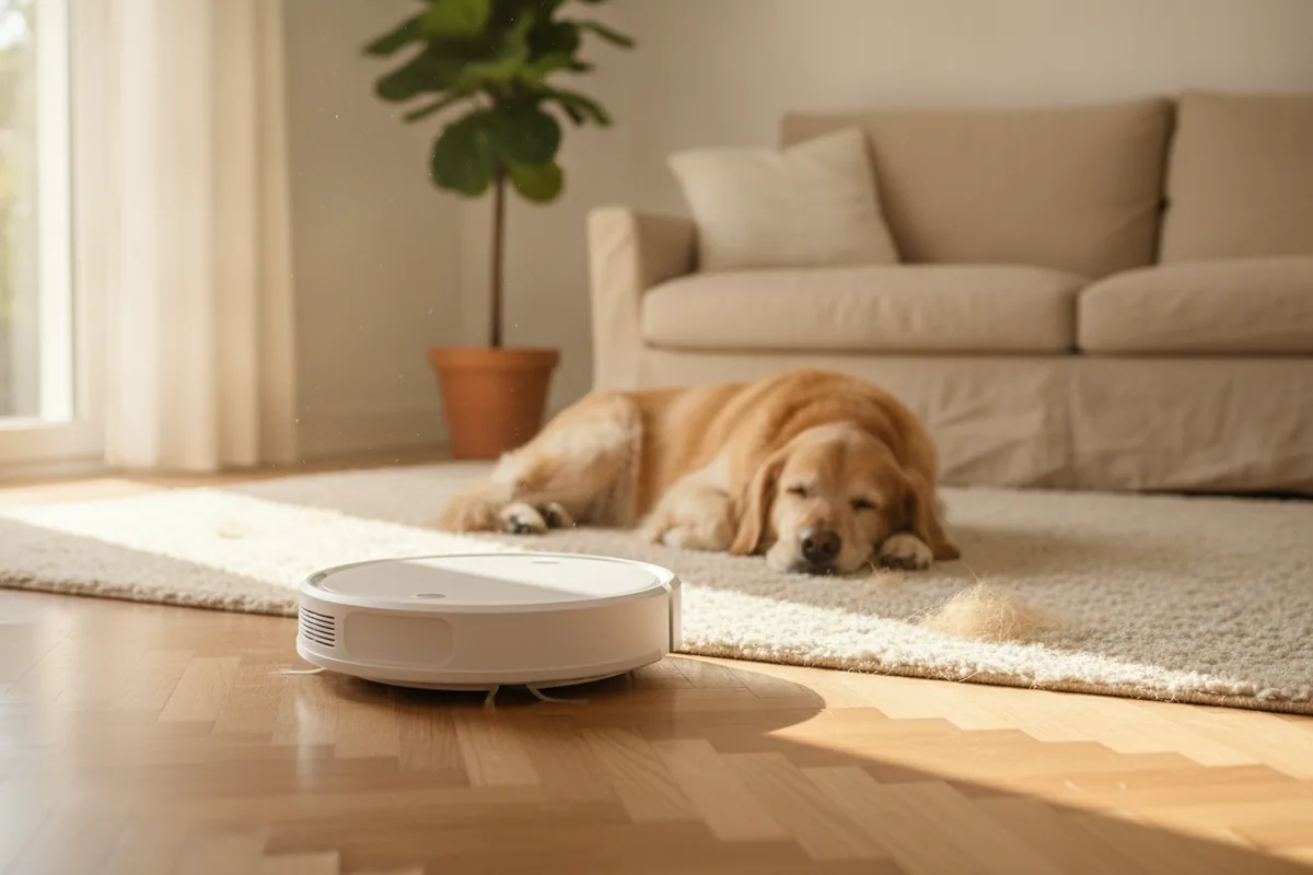 Robot aspirapolvere al lavoro sul parquet di un soggiorno, con un cane che dorme sul tappeto